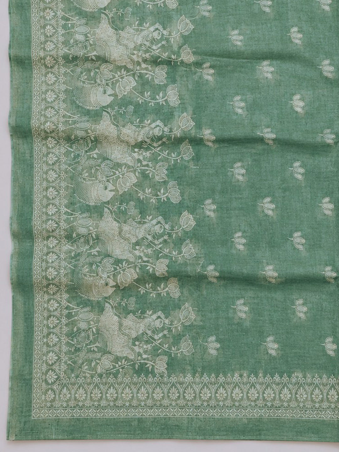 Rama Green Printed Chanderi Unstitched Suit &amp; Pant With Chanderi Dupatta
