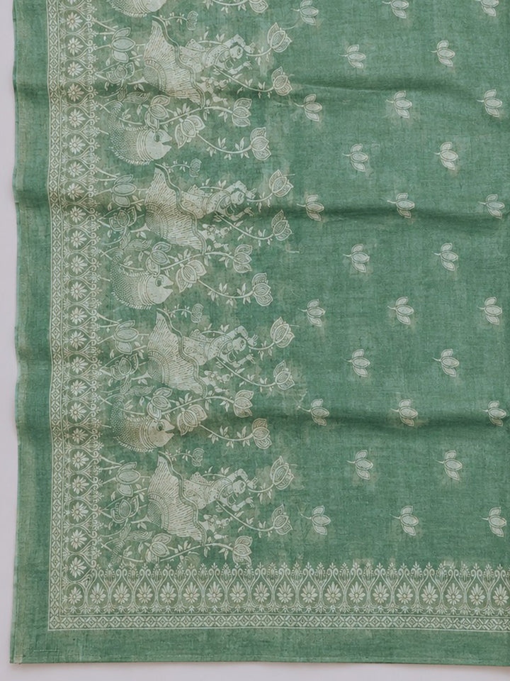 Rama Green Printed Chanderi Unstitched Suit &amp; Pant With Chanderi Dupatta