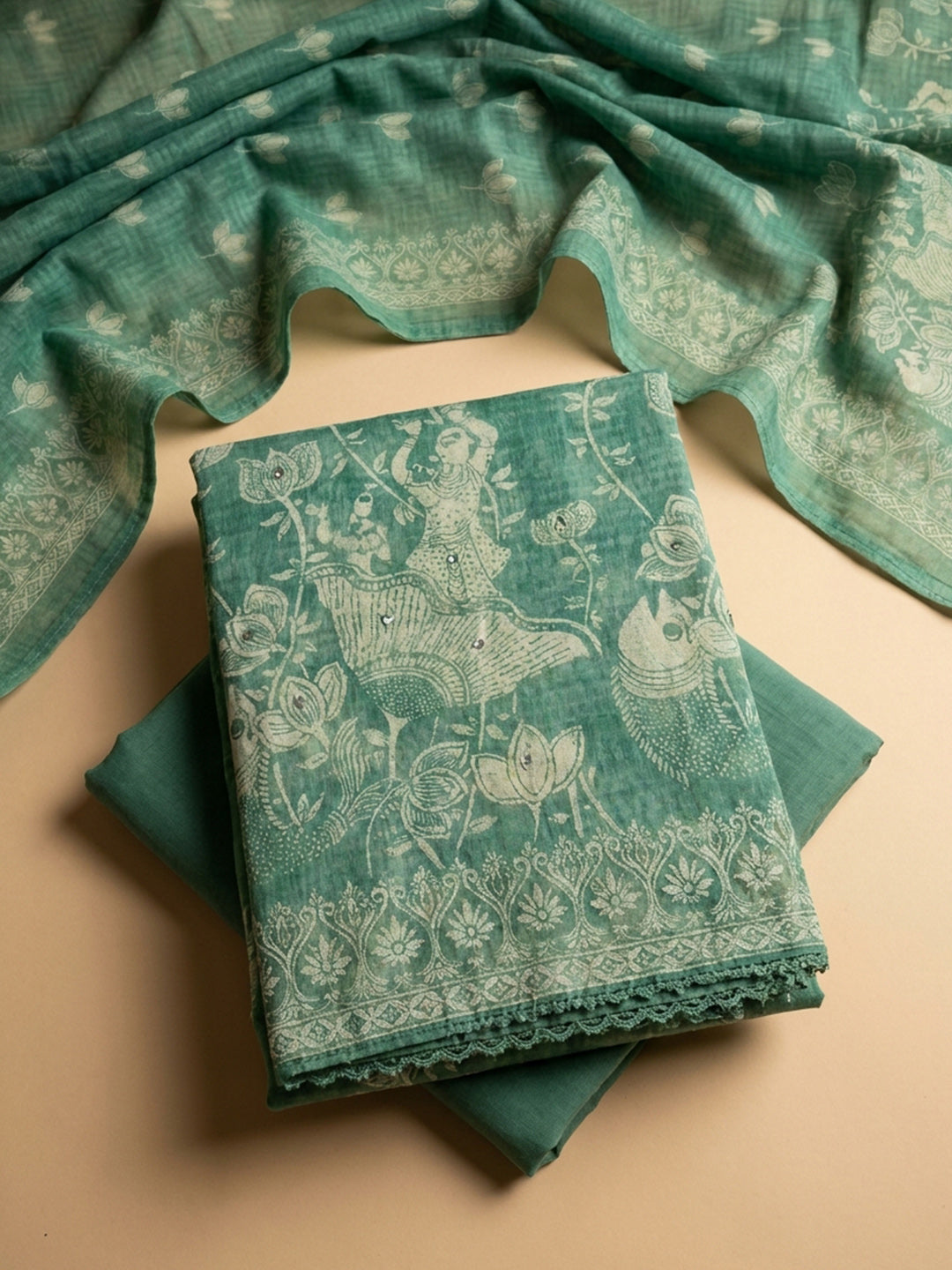 Rama Green Printed Chanderi Unstitched Suit &amp; Pant With Chanderi Dupatta