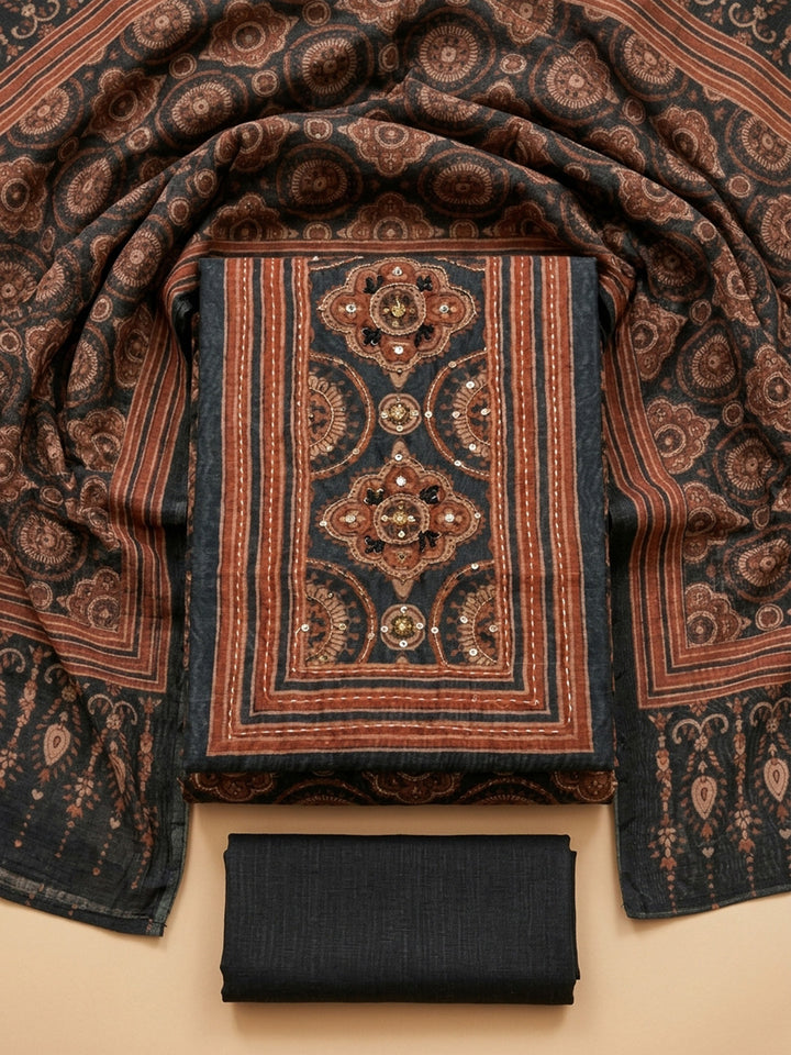 Black Printed Chanderi Unstitched Dress Material