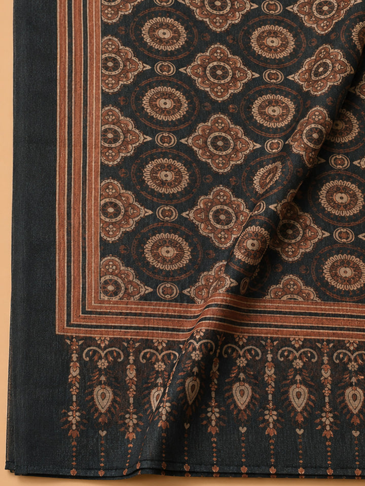 Black Printed Chanderi Unstitched Dress Material