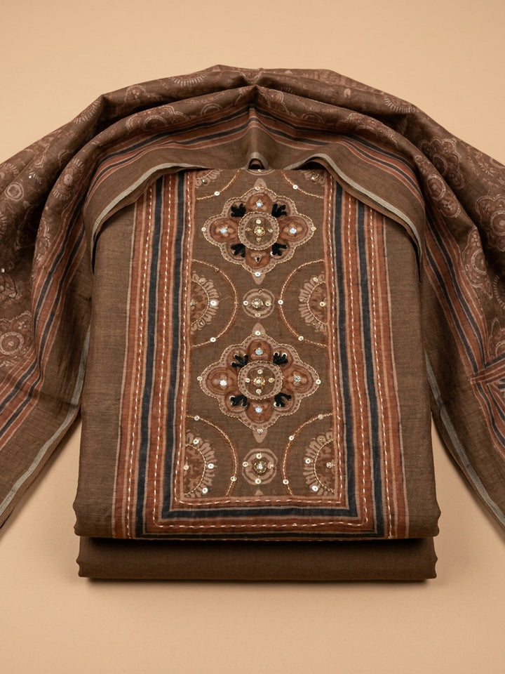 Brown Printed Chanderi Unstitched Dress Material