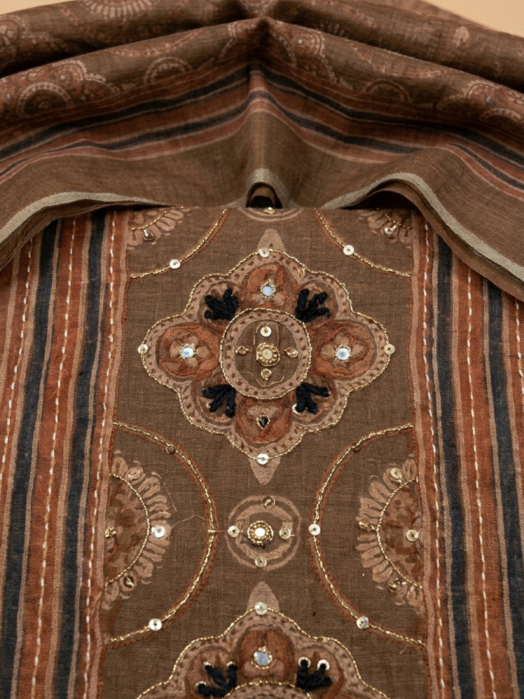 Brown Printed Chanderi Unstitched Dress Material