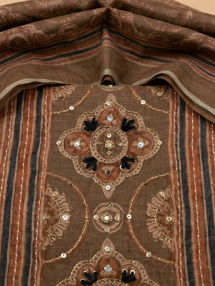 Brown Printed Chanderi Unstitched Dress Material