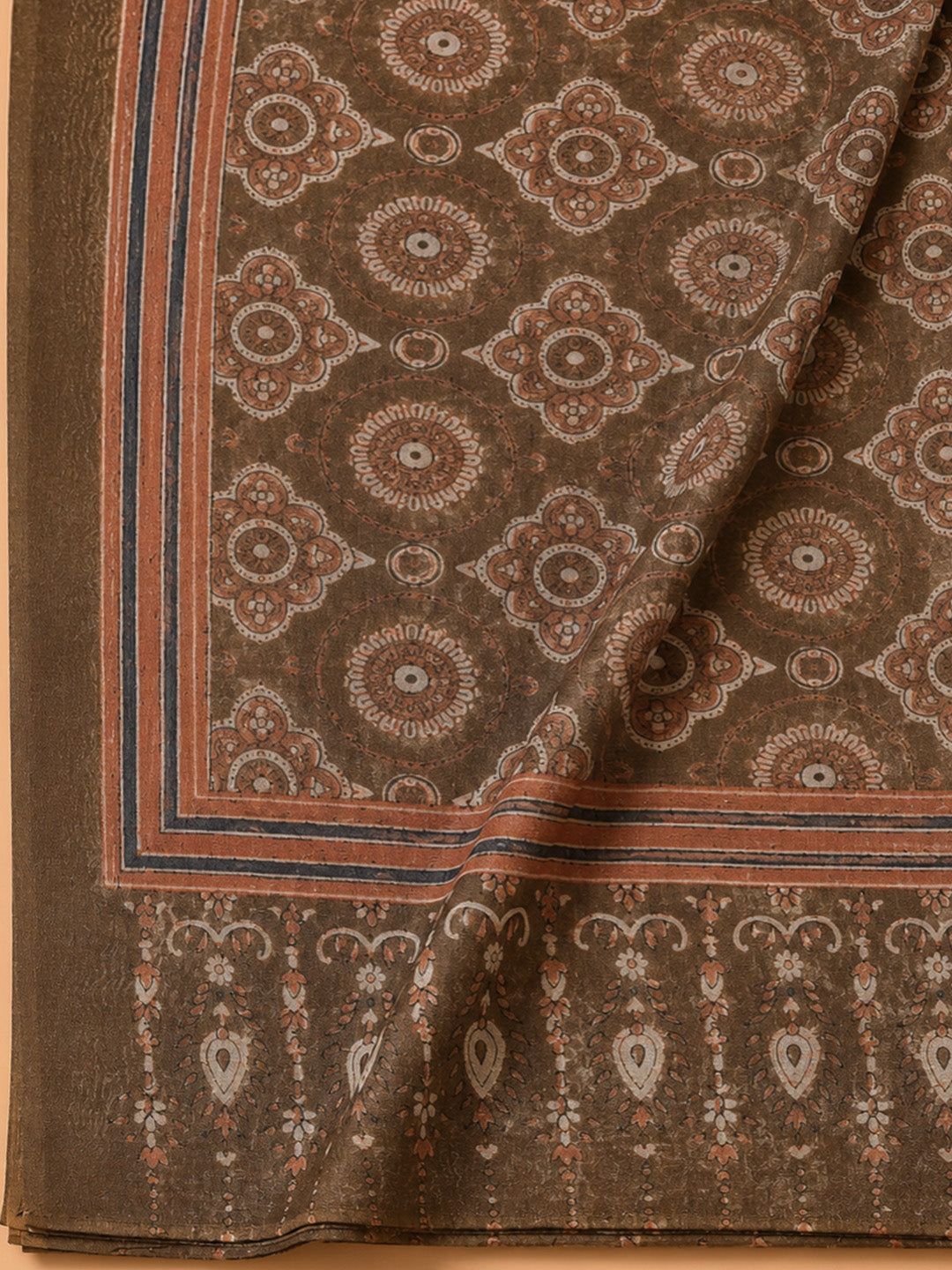 Brown Printed Chanderi Unstitched Dress Material