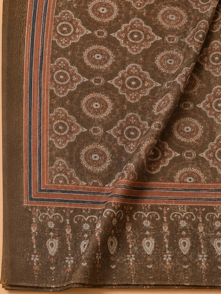 Brown Printed Chanderi Unstitched Dress Material