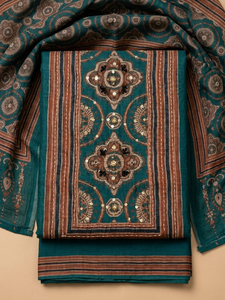 Rama Green Printed Chanderi Unstitched Dress Material