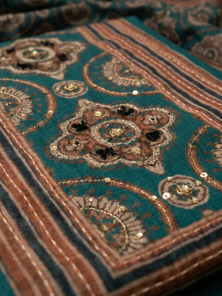 Rama Green Printed Chanderi Unstitched Dress Material