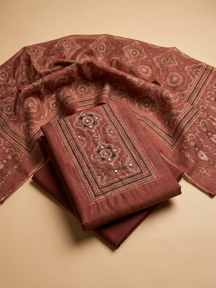 Rust Printed Chanderi Unstitched Dress Material