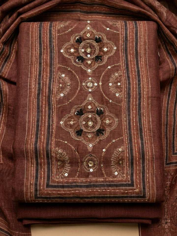 Rust Printed Chanderi Unstitched Dress Material