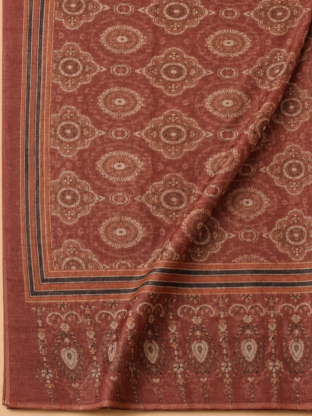 Rust Printed Chanderi Unstitched Dress Material