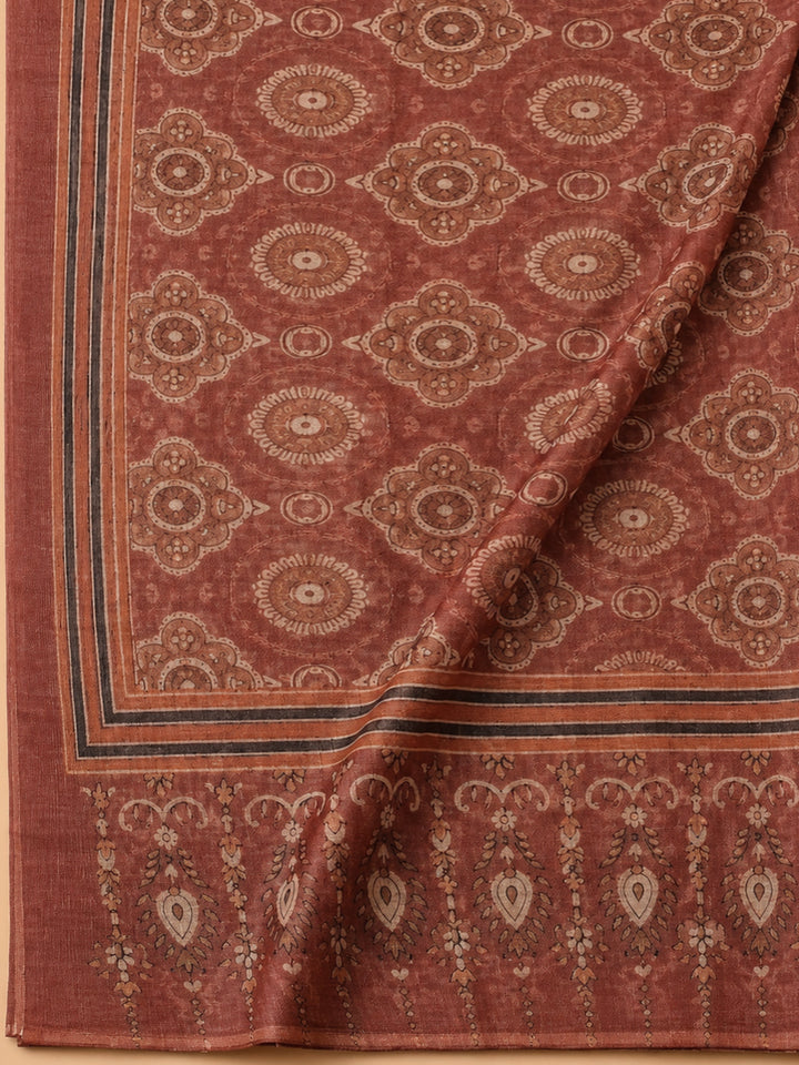 Rust Printed Chanderi Unstitched Dress Material