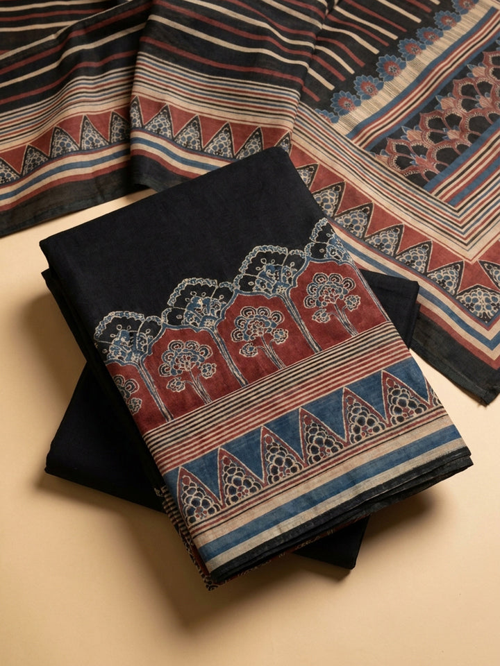 Black Printed Chanderi Unstitched Suit &amp; Pant With Chanderi Dupatta