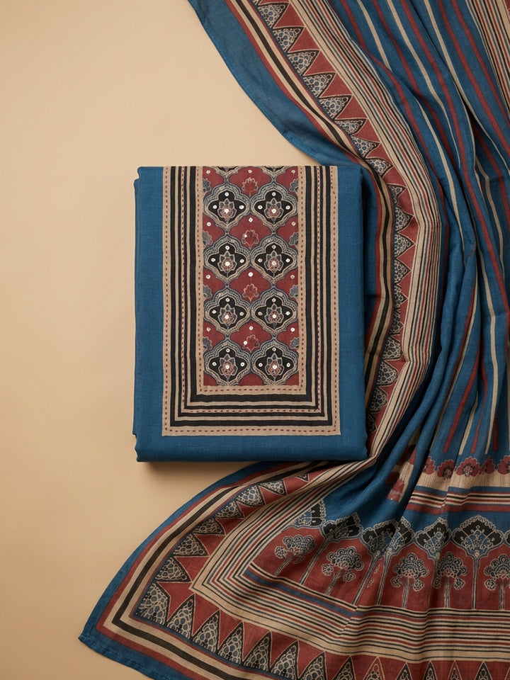 Blue Printed Chanderi Unstitched Suit &amp; Pant With Chanderi Dupatta