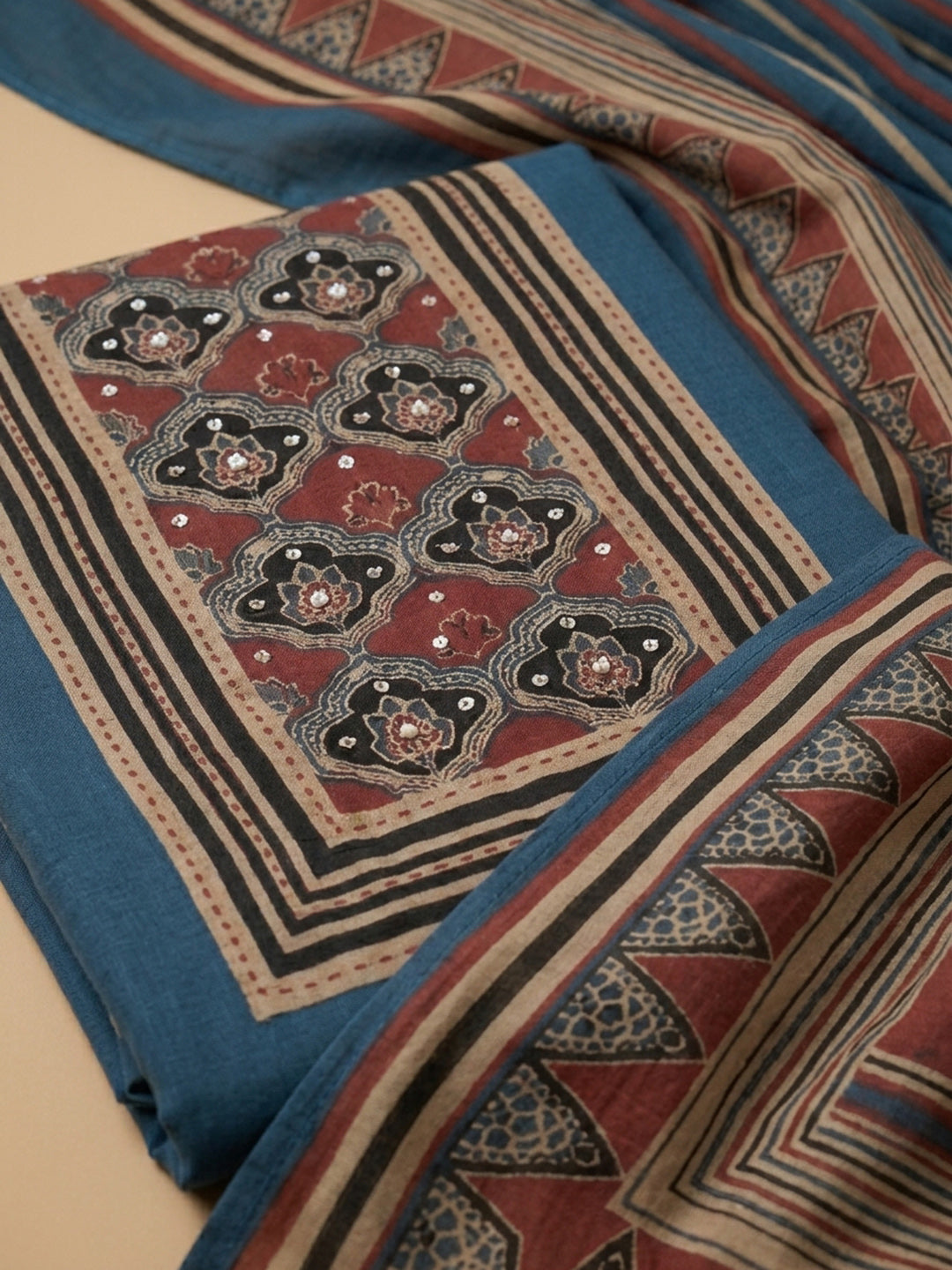 Blue Printed Chanderi Unstitched Suit &amp; Pant With Chanderi Dupatta