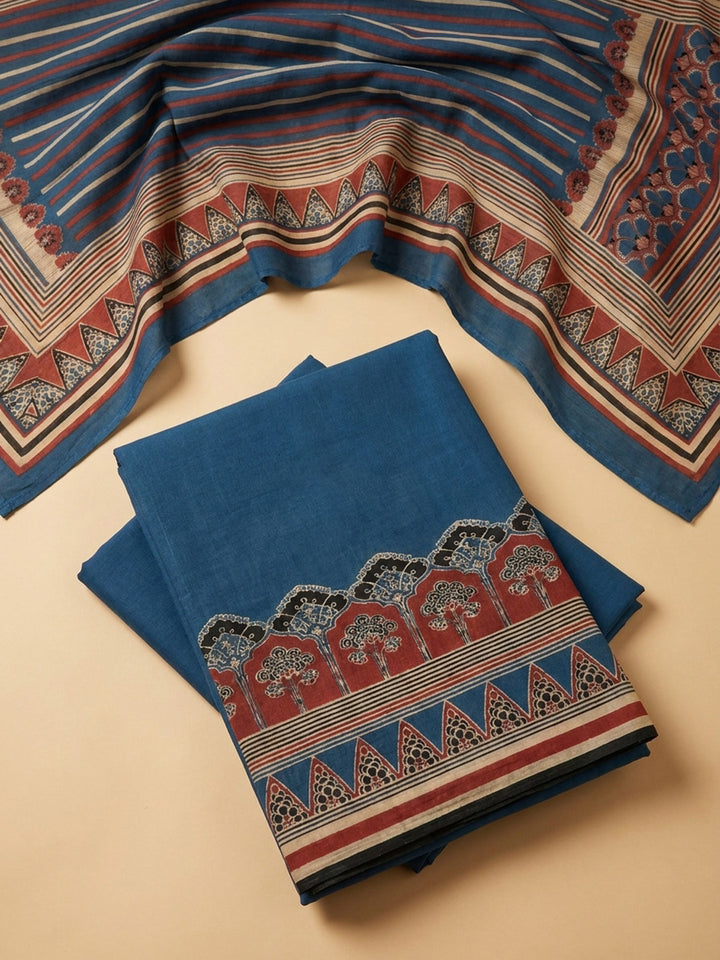 Blue Printed Chanderi Unstitched Suit &amp; Pant With Chanderi Dupatta