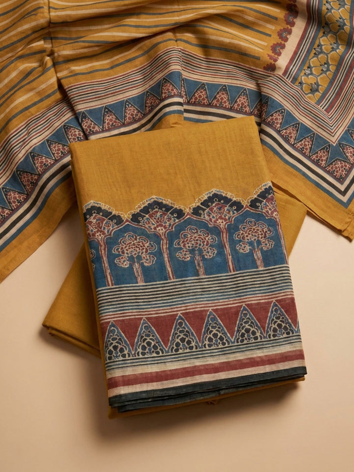 Mustard Printed Chanderi Unstitched Suit &amp; Pant With Chanderi Dupatta