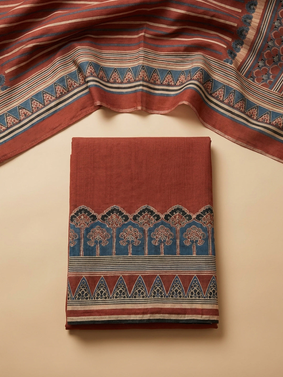 Red Printed Chanderi Unstitched Suit &amp; Pant With Chanderi Dupatta