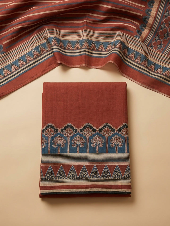 Red Printed Chanderi Unstitched Suit &amp; Pant With Chanderi Dupatta