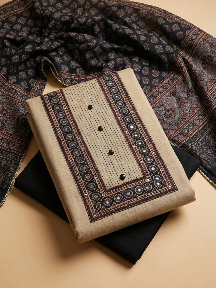 Black Printed Chanderi Unstitched Dress Material