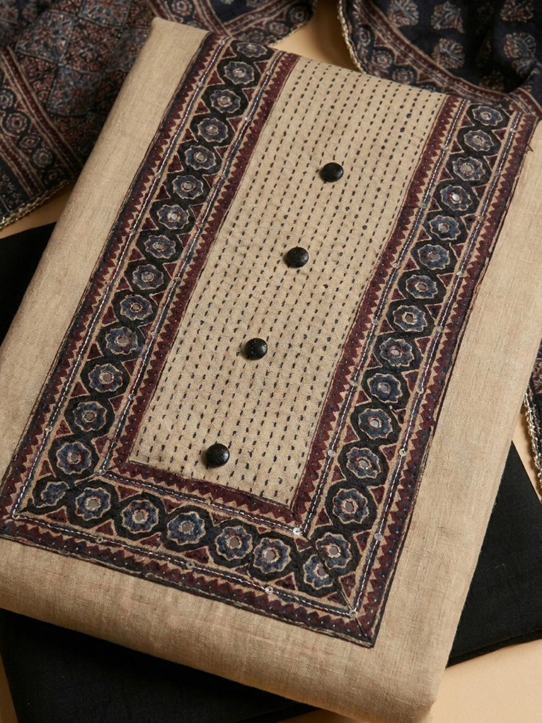 Black Printed Chanderi Unstitched Dress Material