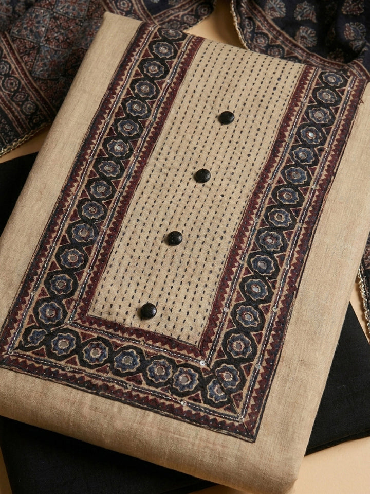 Black Printed Chanderi Unstitched Dress Material
