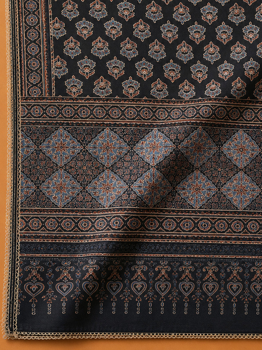 Black Printed Chanderi Unstitched Dress Material