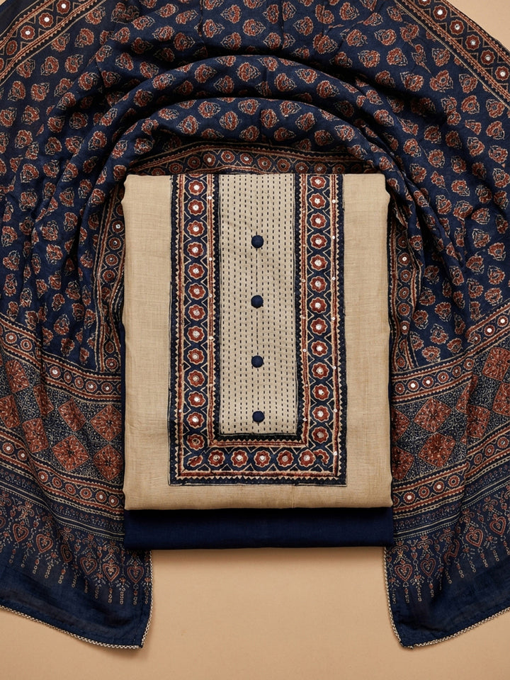 Blue Printed Chanderi Unstitched Dress Material