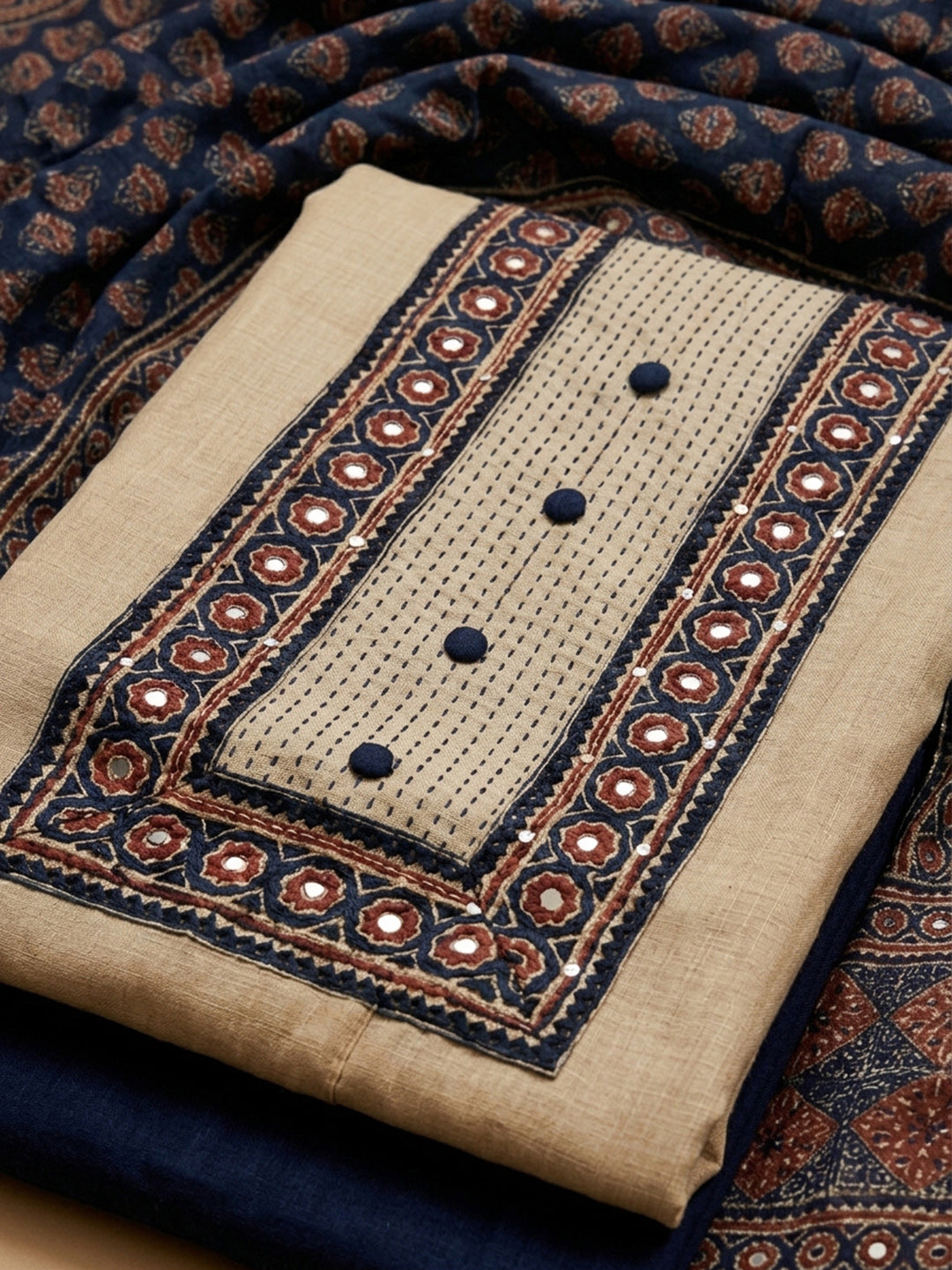 Blue Printed Chanderi Unstitched Dress Material