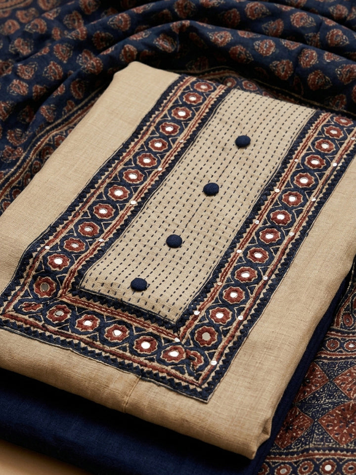 Blue Printed Chanderi Unstitched Dress Material