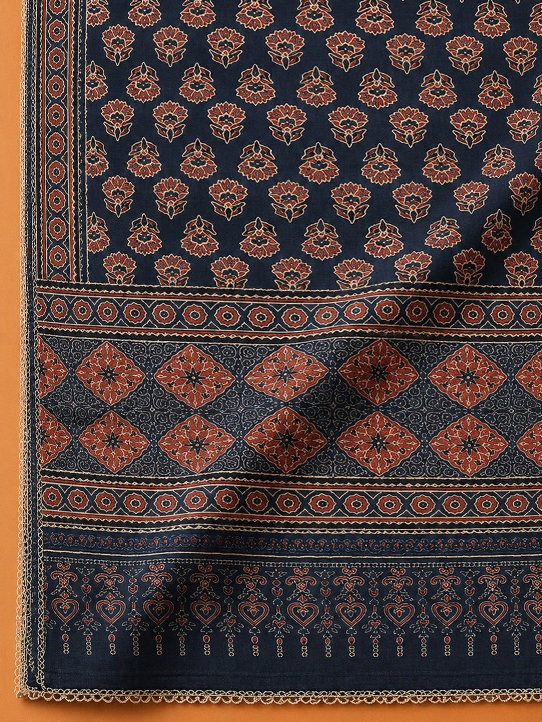 Blue Printed Chanderi Unstitched Dress Material