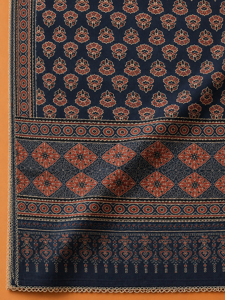 Blue Printed Chanderi Unstitched Dress Material