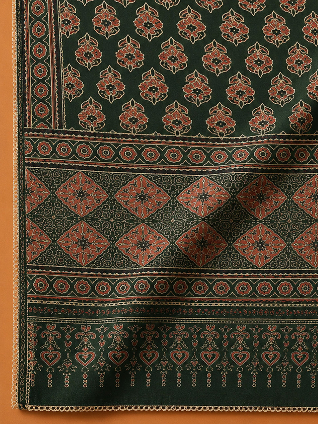 Bottle Green Printed Chanderi Unstitched Dress Material