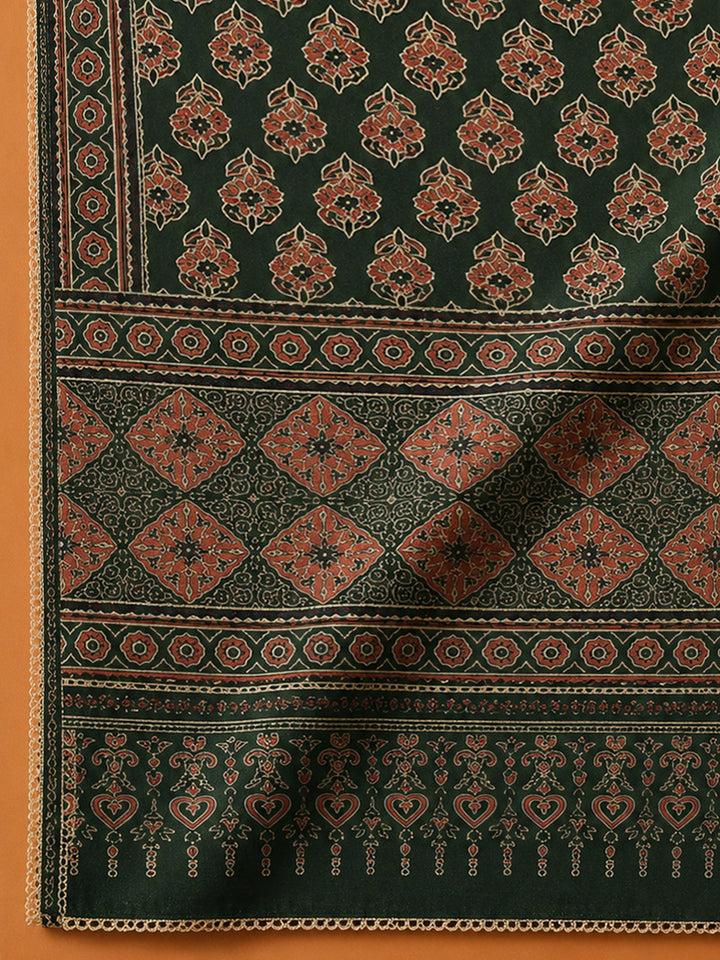Bottle Green Printed Chanderi Unstitched Dress Material