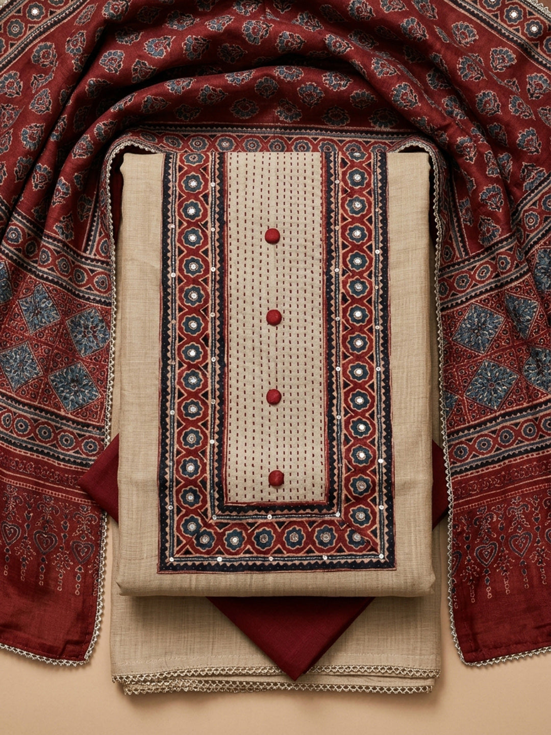 Maroon Printed Chanderi Unstitched Dress Material