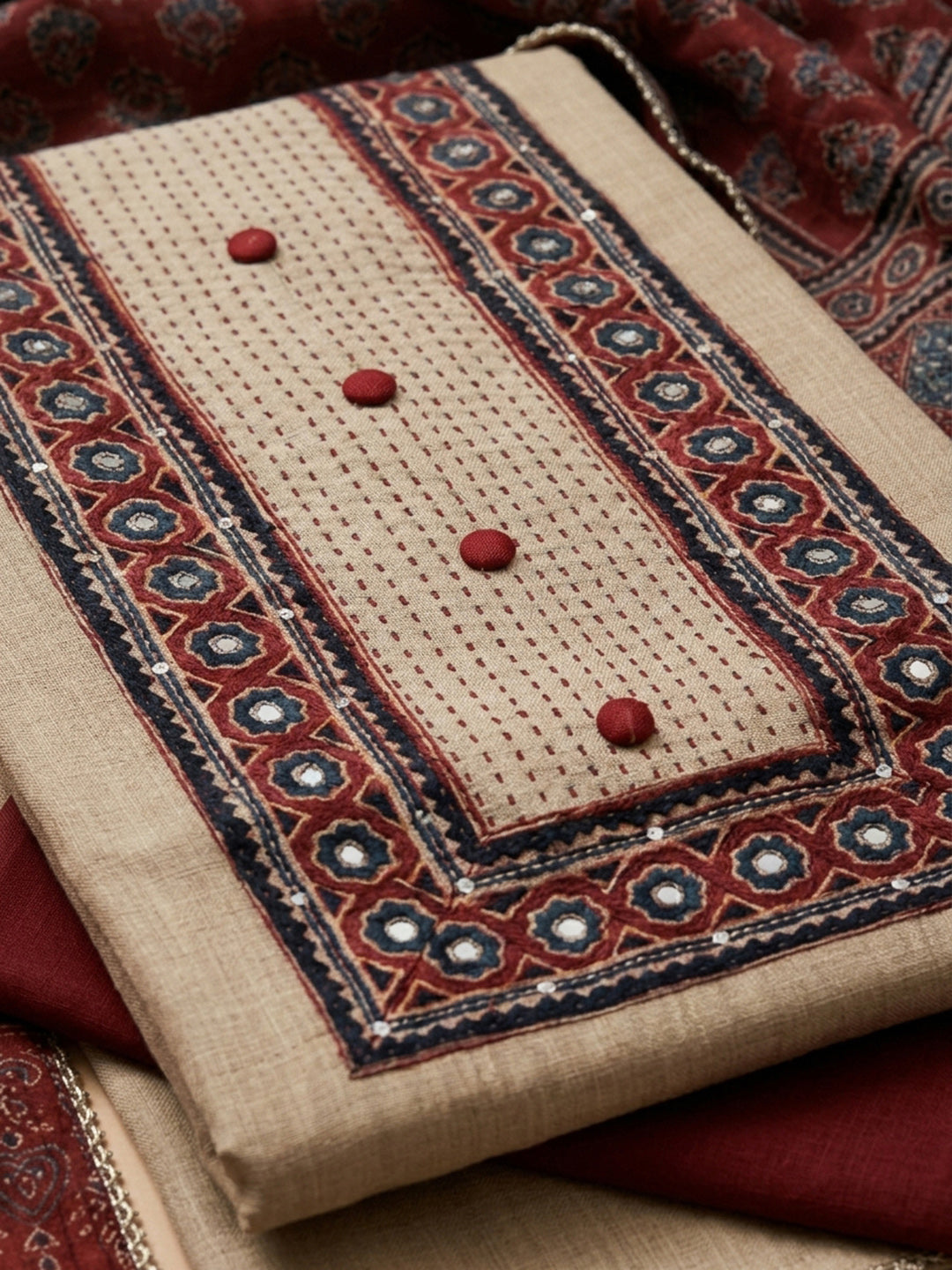 Maroon Printed Chanderi Unstitched Dress Material