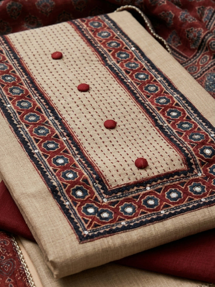 Maroon Printed Chanderi Unstitched Dress Material