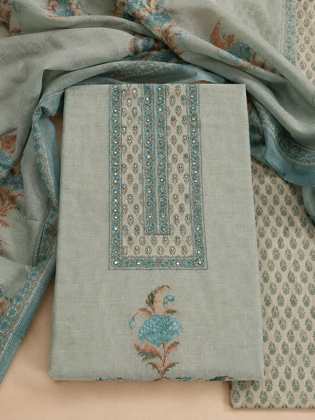 Firozee Printed Cotton Blend Unstitched Suit &amp; Pant With Cotton Dupatta