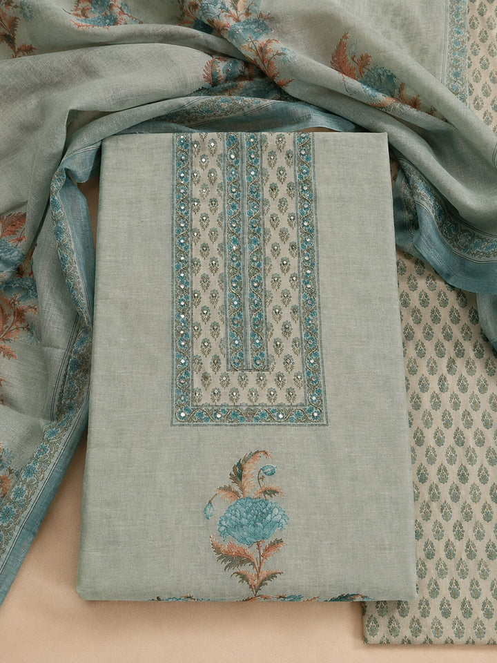 Firozee Printed Cotton Blend Unstitched Suit &amp; Pant With Cotton Dupatta