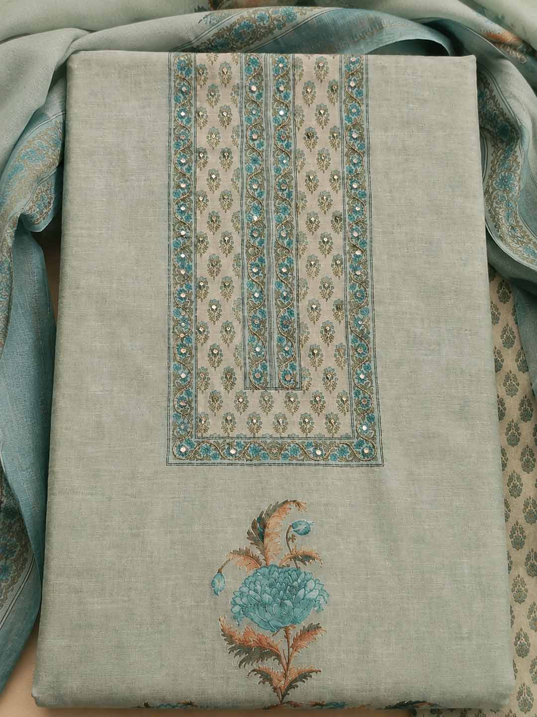 Firozee Printed Cotton Blend Unstitched Suit &amp; Pant With Cotton Dupatta
