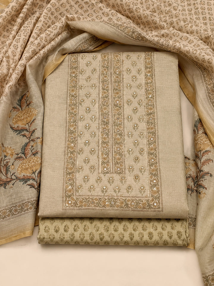 Mehndi Printed Cotton Blend Unstitched Suit &amp; Pant With Cotton Dupatta