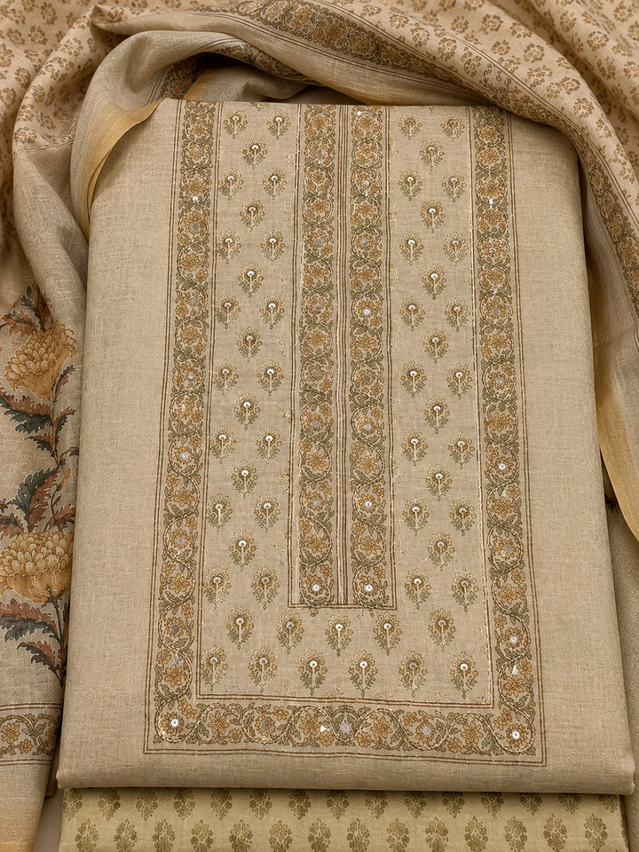 Mehndi Printed Cotton Blend Unstitched Suit &amp; Pant With Cotton Dupatta