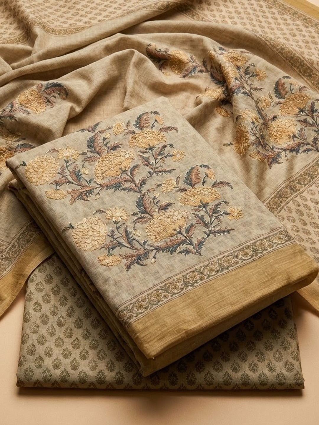Mehndi Printed Cotton Blend Unstitched Suit &amp; Pant With Cotton Dupatta
