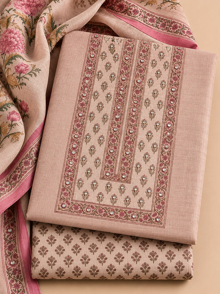 Peach Printed Cotton Blend Unstitched Suit &amp; Pant With Cotton Dupatta