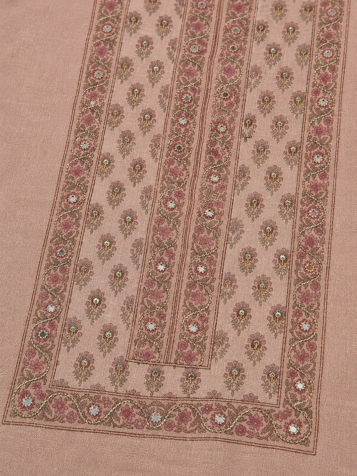 Peach Printed Cotton Blend Unstitched Suit &amp; Pant With Cotton Dupatta