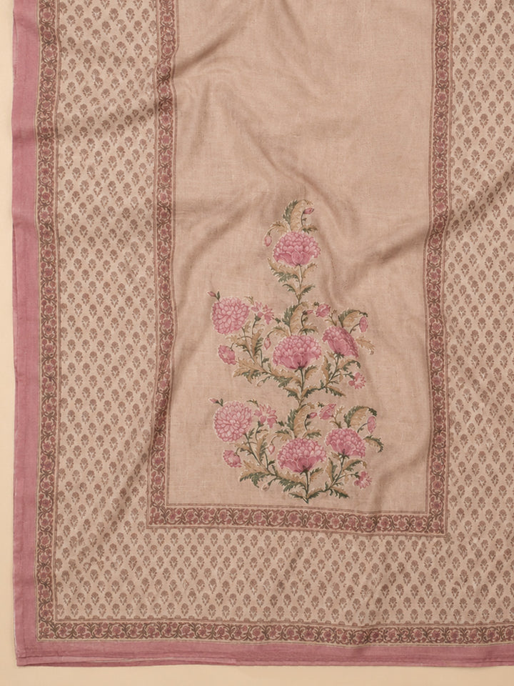 Peach Printed Cotton Blend Unstitched Suit &amp; Pant With Cotton Dupatta
