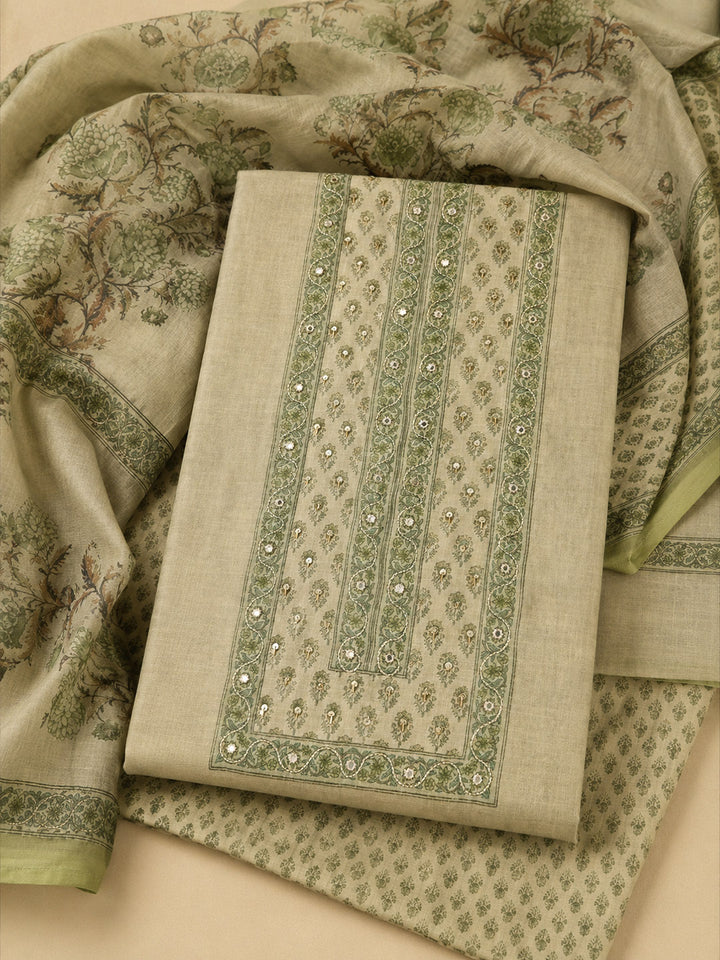 Pista Green Printed Cotton Blend Unstitched Suit &amp; Pant With Cotton Dupatta