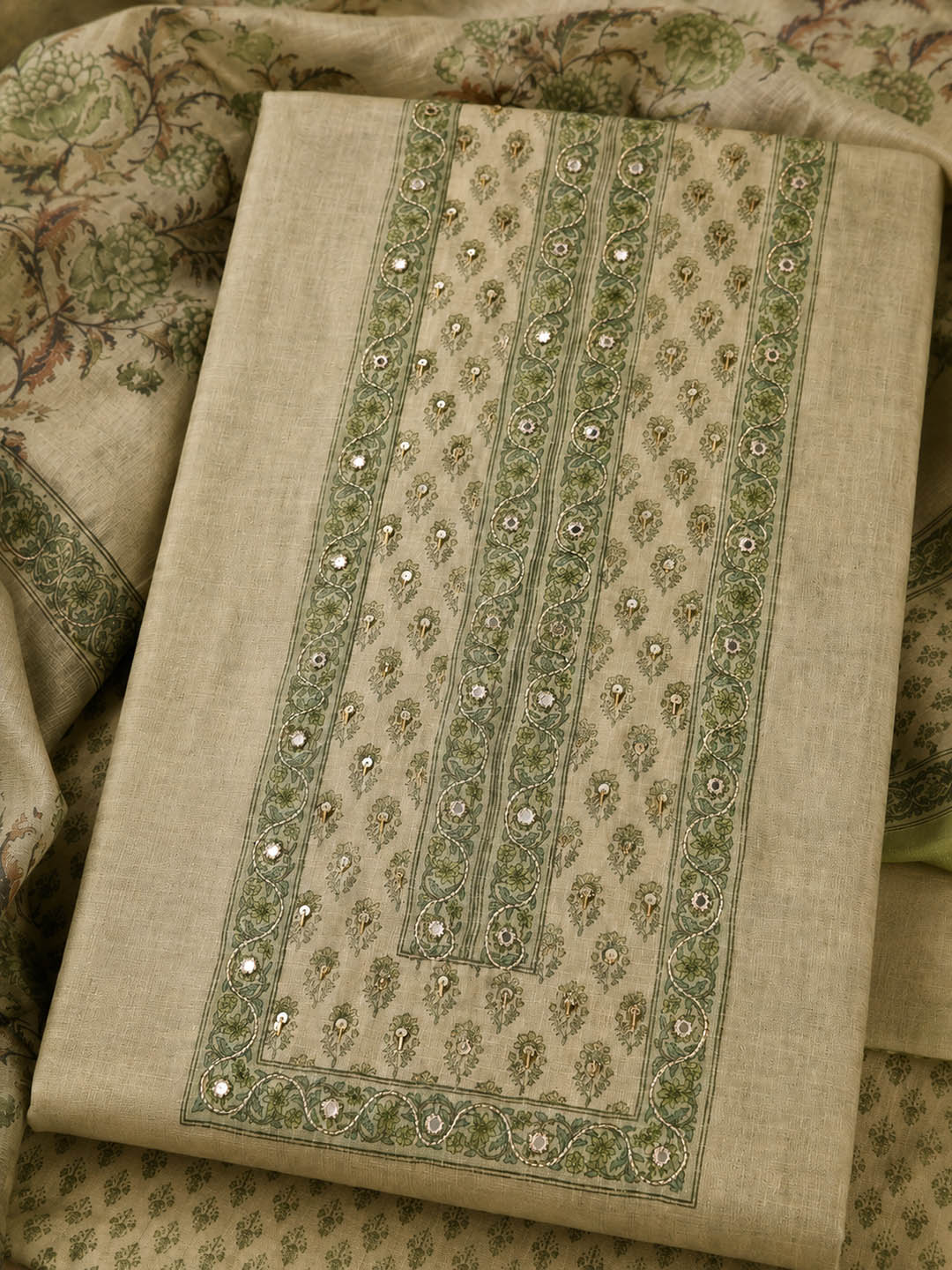 Pista Green Printed Cotton Blend Unstitched Suit &amp; Pant With Cotton Dupatta