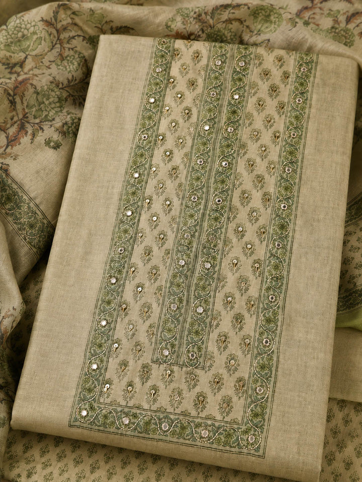 Pista Green Printed Cotton Blend Unstitched Suit &amp; Pant With Cotton Dupatta