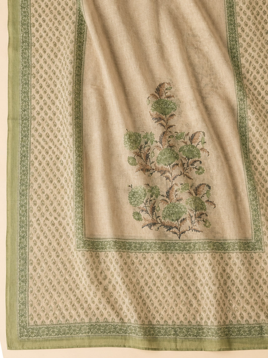 Pista Green Printed Cotton Blend Unstitched Suit &amp; Pant With Cotton Dupatta
